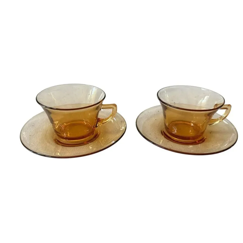 Cambridge Glass Amber Cup & Saucer Set (2 Each) VTG Elegant Tea Coffee Entertain